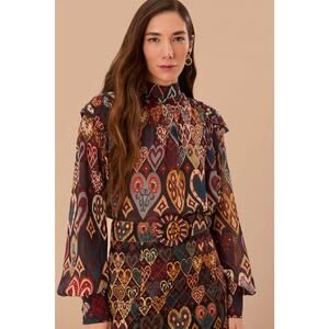 Farm Rio Ikat Blouse Long Sleeve in Hearts Print Size XS